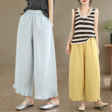 批发实拍2026新款棉麻复古木耳边宽松大码日系文艺范松弛感<b class='q'>阔腿裤</b>女