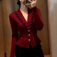 批发荷叶法式毛衣开衫秋冬新款春季显瘦减龄香风针织上衣法式小香风