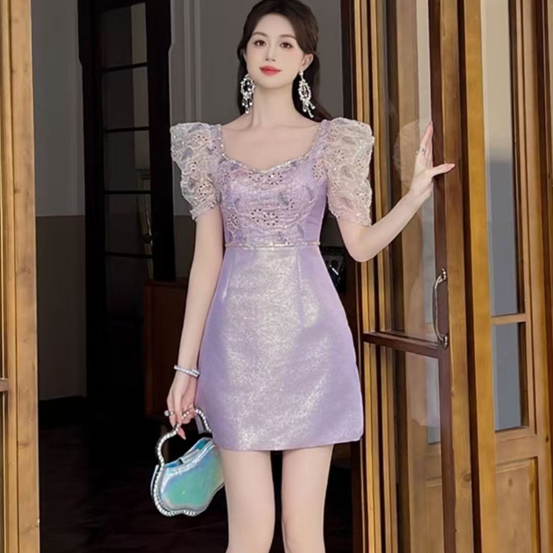 RY2953# 名媛紫色连衣裙夏季女蕾丝拼接高端生日宴会小礼服收腰a字短裙子