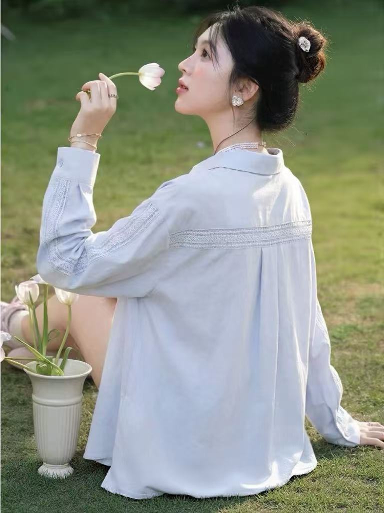 한 부서 부드러운 바람 하늘색 레이스 디자인 셔츠 얇은 여성 코트 2026 여름 새로운 자외선 차단 긴팔 맨위