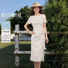 批发波尔卡圆点裙2026夏含<b class='q'>亚麻</b>捏褶收腰显瘦短袖中长裙女