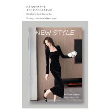 批发女人味金丝绒包臀鱼尾长裙连衣裙秋<b class='q'>冬</b>法式褶皱修身闪钻礼服小黑裙