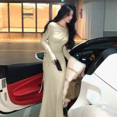 批发春秋款荡领长袖<b class='q'>连衣裙</b>女抽绳收腰显瘦<b class='q'>包臀</b>鱼尾裙