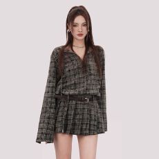 批发辣妹法式衬衫裙长袖<b class='q'>格子</b>春季连衣裙短裙女复古显瘦短款