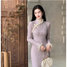 批发紫色新中式<b class='q'>改良</b><b class='q'>旗袍</b>女冬装加厚毛边元旦圣诞连衣裙