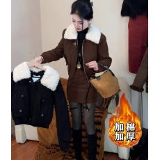 批发美式复古毛毛领加厚夹克外套女秋冬包臀半身裙短裙<b class='q'>两件套</b>