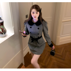 批发东京忆事 」<b class='q'>拼色</b>娃娃领蝴蝶结显瘦a字<b class='q'>连衣裙</b>