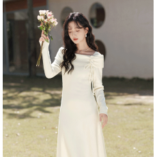 批发温柔风法式一字领a字针织毛衣连衣裙女冬季配大衣打底长裙