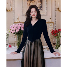 批发网纱拼接长袖连衣裙女2025秋季新款时尚韩版洋气女裙设计感长裙潮