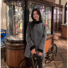 批发高级感撞色毛呢外套女立领设计感宽松气质羊毛双面呢大衣