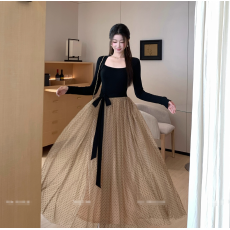 批发【坏女人拥有一切】长袖连衣裙女冬气质坎肩撞色长裙