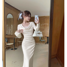 批发法式气质优雅荡领连衣裙2025新款秋装冷淡独特别致鱼尾长裙