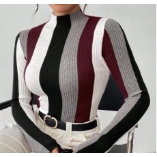 批发欧美跨境女式圆领优雅法式拼色秋冬毛衣休闲女装长袖上衣针织毛衣