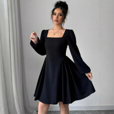 批发微胖mm法式方领长袖连衣裙春秋<b class='q'>大码</b>女装复古收腰显瘦茶歇a字短裙