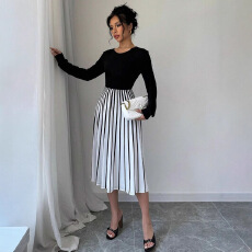 批发跨境亚马逊欧美女装女士优雅风拼色条纹灯笼袖春夏长款女装<b class='q'>连衣裙</b>