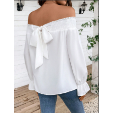 批发跨境<b class='q'>欧美</b>女装新款长袖纯色上衣女装打揽一字领蝴蝶结系带