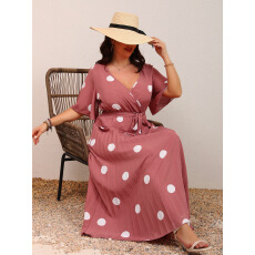 批发欧美跨境时尚大波点印花V领系带百褶大摆长款<b class='q'>连衣裙</b>