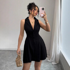 批发欧美<b class='q'>外贸</b>女装热销新品性感露背无袖包臀裙时尚修身V领挂脖<b class='q'>连衣裙</b>