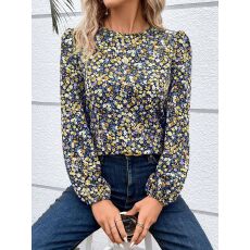 批发<b class='q'>欧美</b>跨境新款灯笼袖小碎花印花圆领时尚舒适 百搭长袖上衣