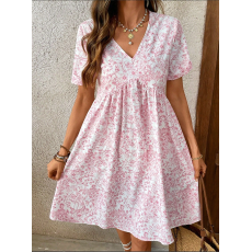 批发女式休闲全印花V领短袖夏装花卉欧美风高腰优雅碎花