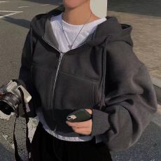 批发拉链<b class='q'>长袖</b>连帽款<b class='q'>卫衣</b>宽松休闲简约潮流百搭纯色时尚慵懒感外套批发