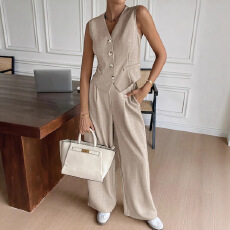 批发跨境<b class='q'>欧美</b>码定向 纯色休闲简约夏季无袖马甲长<b class='q'>裤</b>两件套