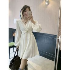 批发跨境热卖新款<b class='q'>连衣裙</b> 欧美女装V领<b class='q'>优雅</b>百褶裙荷叶边法式裙礼服