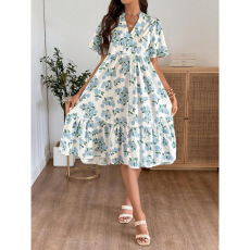 新款欧美跨境代发花朵V领休闲印花泡泡袖女装收腰连衣裙性感