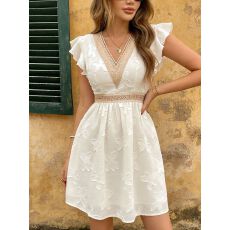 批发亚马逊跨境新款v领气质女法式度假派对连衣裙镂空提花荷叶袖短裙