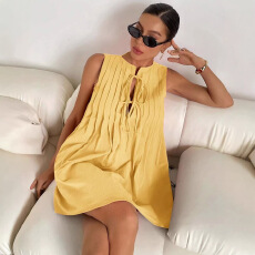 批发新款亚马逊欧美跨境TK女装系带时尚短款无袖度假风连衣裙