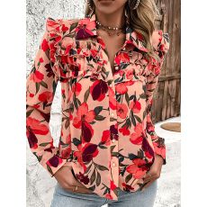 批发翻领粉色印花<b class='q'>开衫</b>中长款其他来源雪纺单排扣气质通勤长袖衬衣