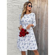 批发速卖通秋季 热卖女装印花圆领长袖大摆时尚百搭连衣裙