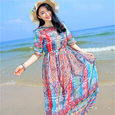 批发波西米亚<b class='q'>大码</b>大摆夏雪纺显瘦海边度假沙滩裙中袖连衣裙宽松长裙