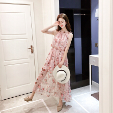 批发夏季名媛无袖吊带碎花雪纺<b class='q'>连衣裙</b><b class='q'>中长</b>款挂脖露肩波西米亚渡假长裙