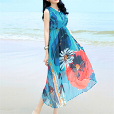 批发波西米亚收腰无袖雪纺连衣裙海边度假<b class='q'>大码</b>海滩裙沙滩裙夏装中长款