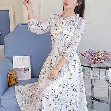 批发2025秋季新款文艺清新印花雪纺裙子木耳边领收腰长袖<b class='q'>连衣裙</b>