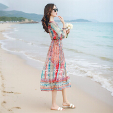 批发西双版纳沙滩裙雪纺民族风女海边度假<b class='q'>连衣裙</b>遮肉显瘦三亚旅游长裙