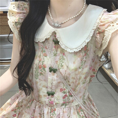 批发茶歇法式碎花<b class='q'>连衣裙</b>女夏季娃娃领气质收腰甜美绝美温柔风初恋长裙