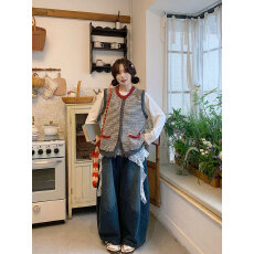 批发实拍 已出货 日系<b class='q'>条纹</b>马甲背心女叠穿风针织开衫+打底+加绒裤子