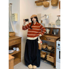 批发实拍 已出货 撞色条纹半<b class='q'>拉链</b>长袖毛衣女秋冬+打底+加绒裤子