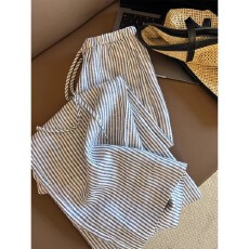 批发奥特莱斯<b class='q'>折扣</b>店<b class='q'>品牌</b>撤柜清仓高级感亚麻裤子女夏季蓝白条纹阔腿裤