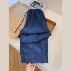 批发蓝色格子卷边高腰休闲窄版阔腿裤子宽松慵懒风松弛感显瘦小个子女