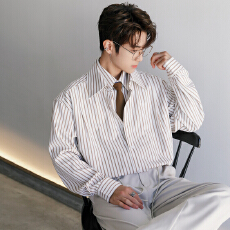 批发2025新款春秋季男装潮牌假两件<b class='q'>休闲</b>衬衣配领带竖条纹衬衫男士长袖