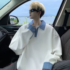 批发秋季衬衫领卫衣<b class='q'>男生</b>落肩袖宽松长袖t恤男青少年新款潮牌休闲上衣