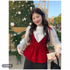 批发火火火限定氛围韩系氛围感珍珠v领丝绒<b class='q'>吊带</b>上衣+喇叭袖衬衣