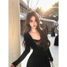 批发Mejiu蜜九幽夜幻灵法式<b class='q'>镂空</b>蕾丝针织<b class='q'>连衣裙</b>女秋冬蝴蝶结裙子