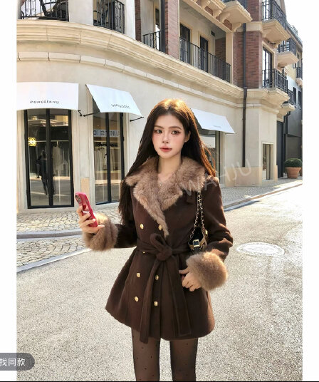 회화 솔루션 wahju 고대 복장 보여주기 필드 천 골드 분위기 센스 레이스업 허리 수축 이중 버튼 모직 외투 0038w