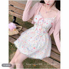 批发花漾甜茶 织物猪原创 早春度假风仙女感刺绣碎花吊带<b class='q'>连衣裙</b>汉服