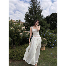 批发amber light <b class='q'>拼接</b>大露背绑带蕾丝吊带连衣长裙