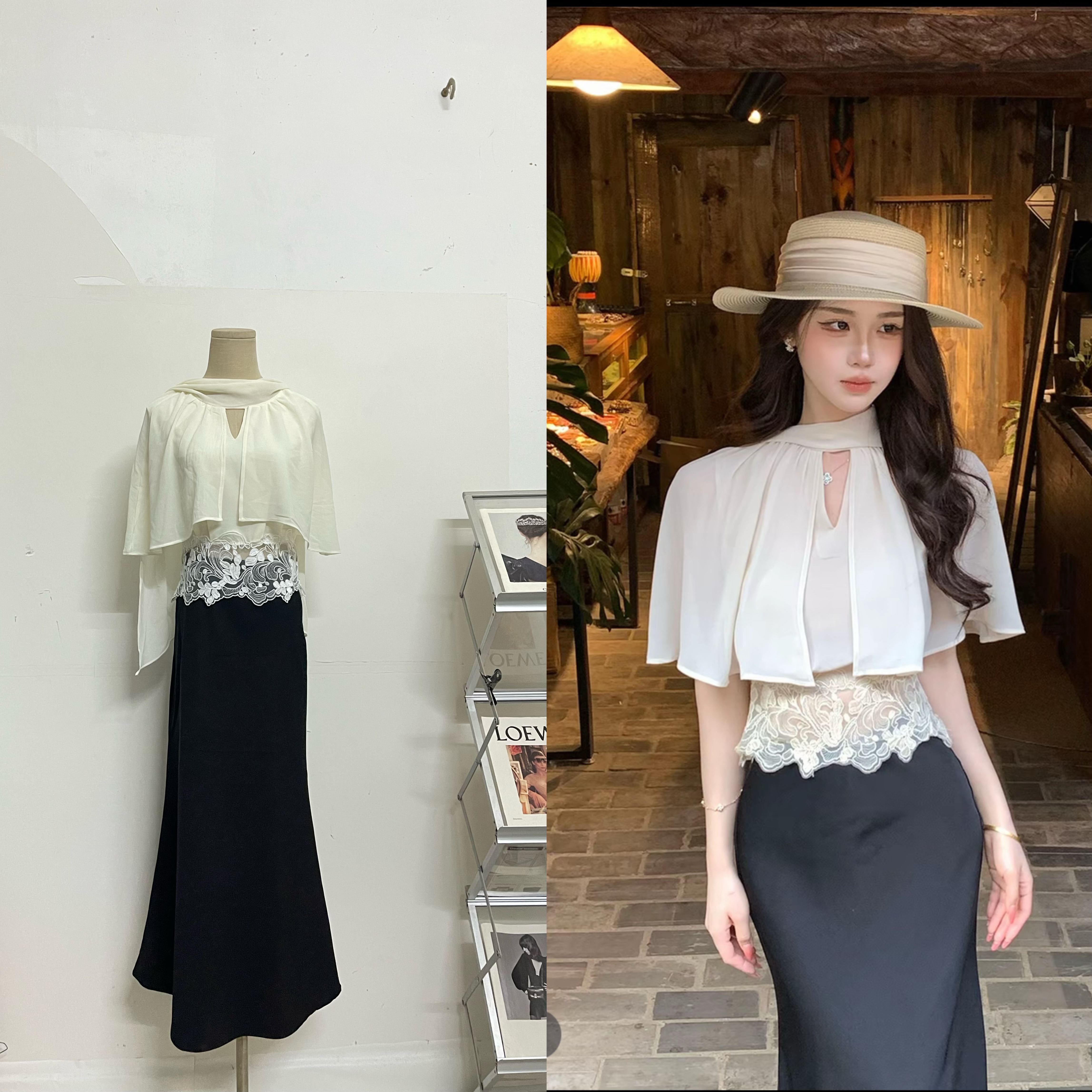 木子李的李山野氛围感挂脖蕾丝拼接高级感度假显瘦上衣+半裙  服裝批發女裝批發服飾貨源